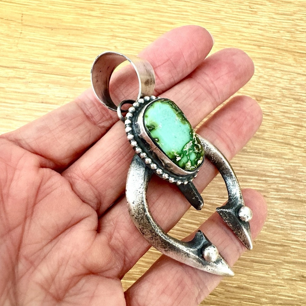 Navajo Naja Pendant Turquoise Signed Chimney Butte 2.75in Squash Blossom Matte - Picture 4 of 6